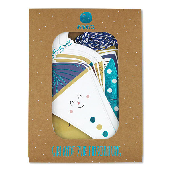 Ava&Yves - Girlande zur Einschulung - Schultüten und Schulranzen in weiss/gelb/blau Ava&Yves - Girlande zur Einschulung - Schultüten und Schulranzen in weiss/gelb/blau