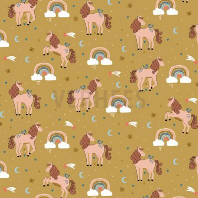 verhees textiles - POPLIN UNICORNS AND RAINBOWS - OCHRE