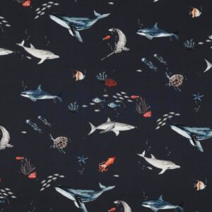 verhees textiles - Fine Poplin Digital - Ocean Animals - Navy