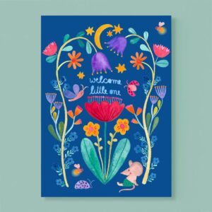 Frau Ottilie - Postkarte *Welcome Little One* (Blumen auf blauem Grund)