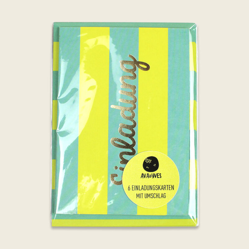 Ava&Yves - Einladungskarten-Set mit Goldfolie – Stripes mint/gelb Ava&Yves - Einladungskarten-Set mit Goldfolie – Stripes mint/gelb
