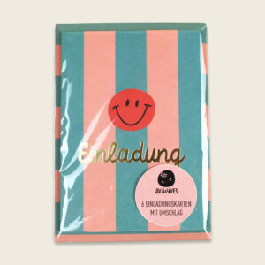 Ava&Yves - Einladungskarten-Set mit Goldfolie – Stripes türkis/lachs/koralle